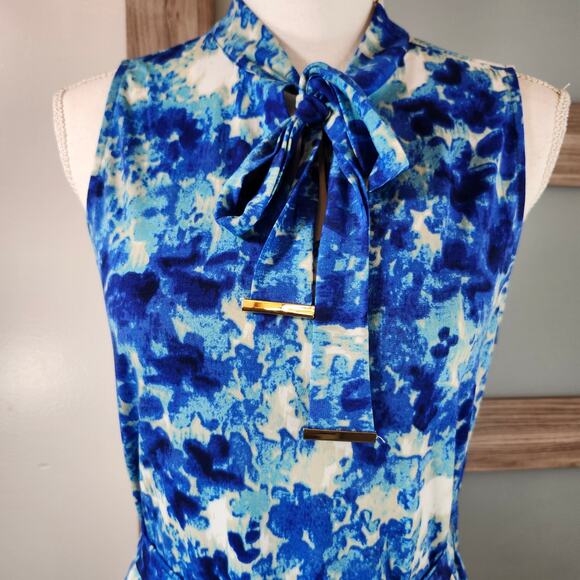 GRIFFLIN PARIS MAXI DRESS BLUE PRINT Geometric Floral Sleeveless Summer Large - Picture 2 of 12